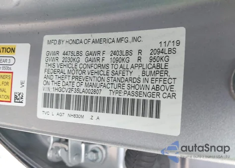 2020 Honda Accord Sport 2.0T from USA, damaged, VIN 1HGCV2F35LA002807